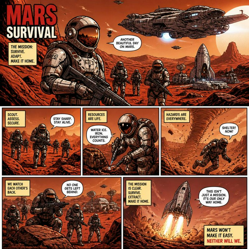"Sci-fi comic page 'Mars Survival' following the Ares 7 astronaut team navigating Martian hazards...