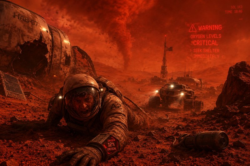 Stranded astronaut crawls across Mars’ red surface, with critical oxygen warnings, a damaged habi...