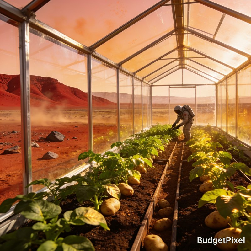 An astronaut tends to potato crops inside a glass greenhouse set on Mars’ red rocky surface, with...