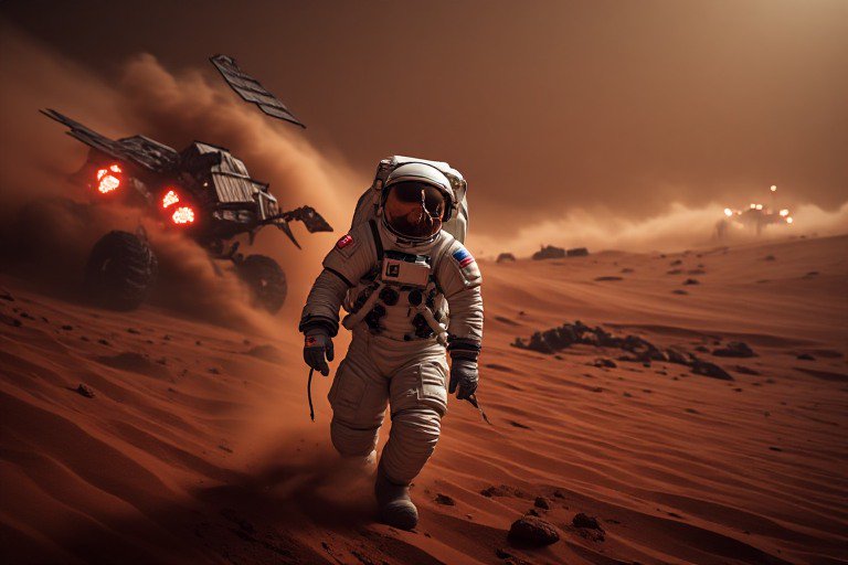 An astronaut flees across Mars' red desert, a damaged rover kicking up dust behind them during a ...