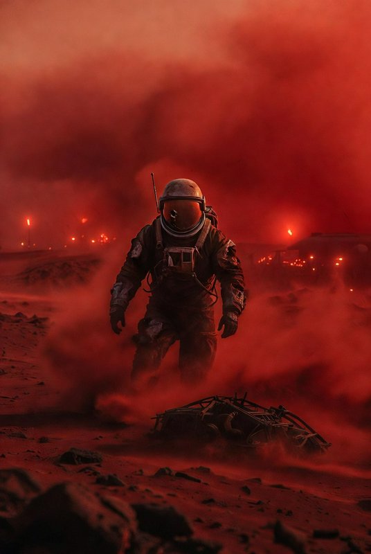 Stranded astronaut in a tattered spacesuit walks through a thick red alien dust storm, with a wre...