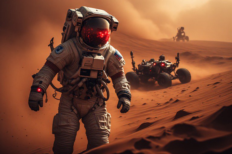 Astronaut in a spacesuit traverses Mars' red desert sand dunes during a dust storm, with robotic ...