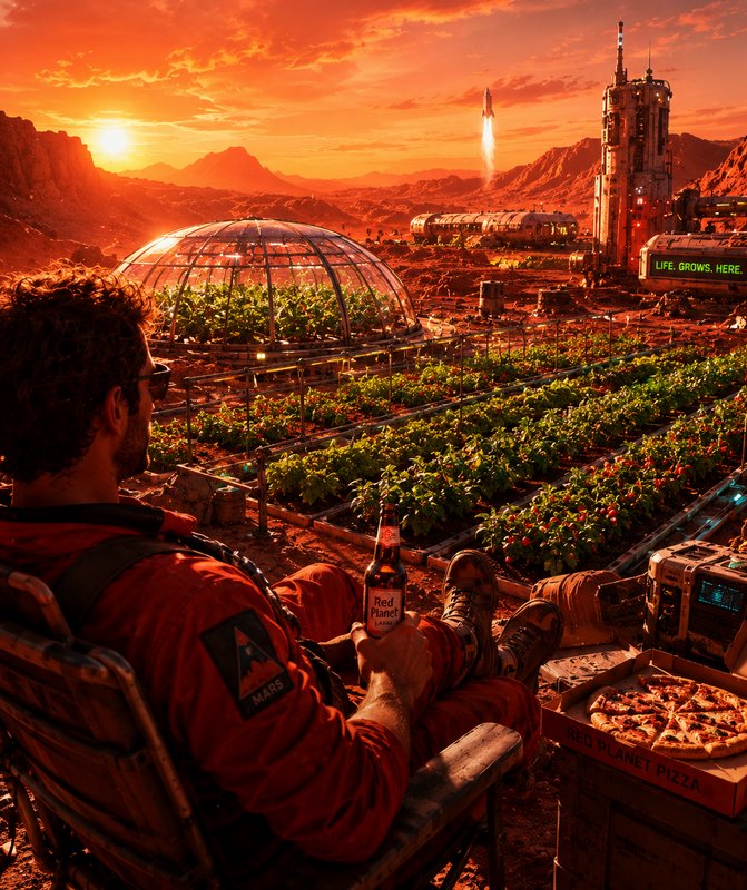 An astronaut relaxes on Mars with pizza and beer, overlooking a Martian farm, space colony, and f...