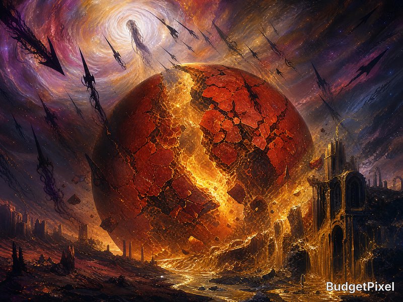 Cracking red planet erupting with glowing golden lava over ruined gothic cities, under a swirling...