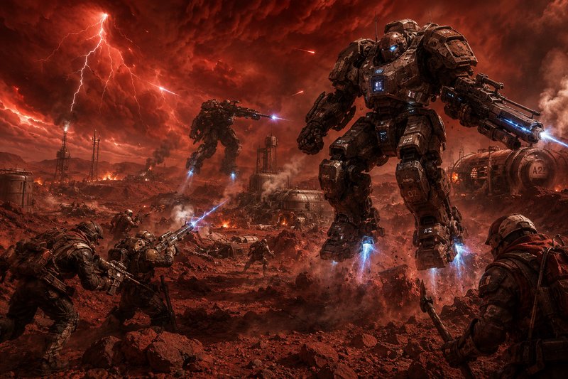 Giant combat mechs and human soldiers battle on a stormy red alien planet, exchanging laser fire ...
