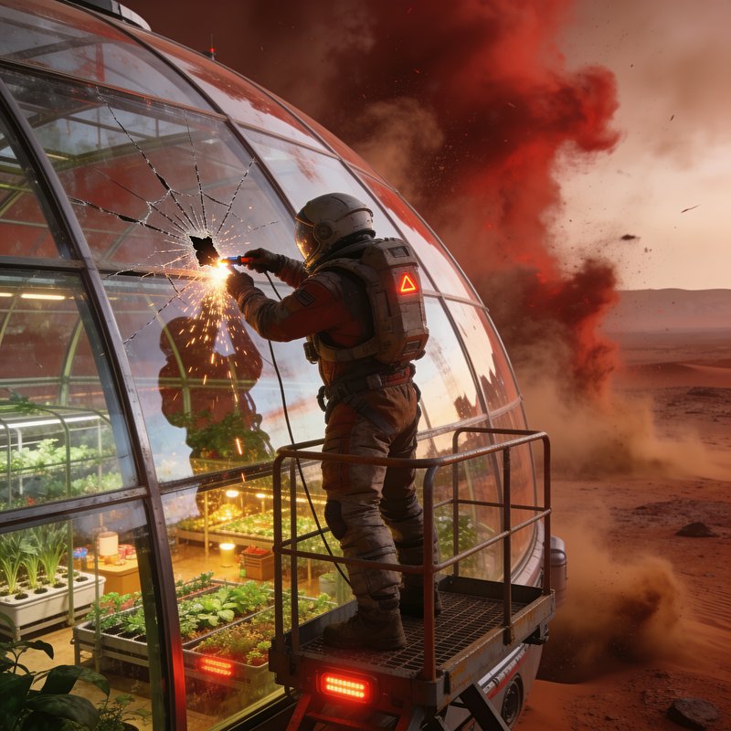 Astronaut in spacesuit repairs a cracked glass Mars habitat dome, with hydroponic crops inside an...