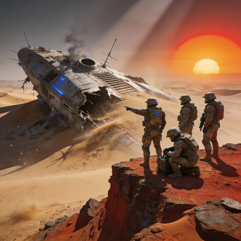 Four suited astronauts on a red desert cliff survey a damaged, smoking crashed spaceship under a ...
