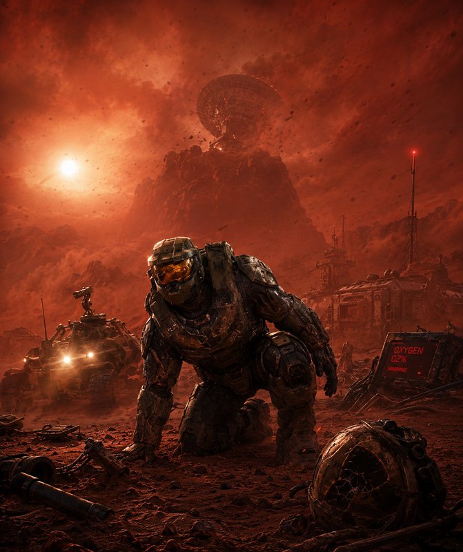 "Halo's Master Chief kneels exhausted on a red alien post-battle planet, with a low oxygen warnin...