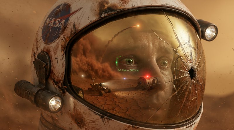 "Damaged NASA astronaut helmet with a cracked, holed visor reflecting a stranded panicked Mars ex...