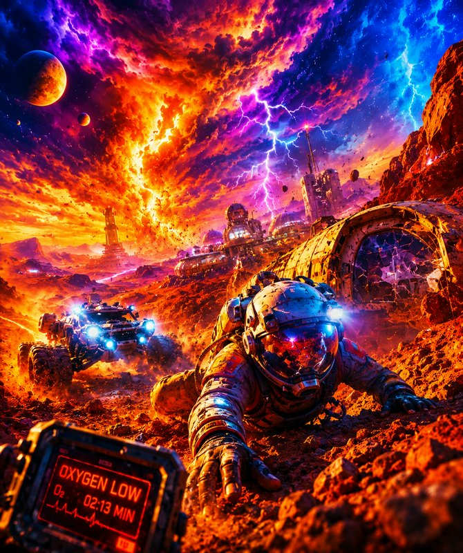 Stranded astronaut crawls across a rocky alien exoplanet, low oxygen warning in foreground, rescu...