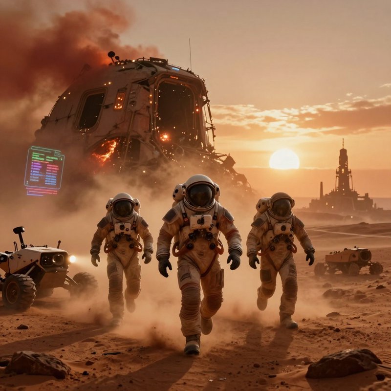 Three astronauts run across Mars' red desert from a burning crashed lander, with rovers and a dis...