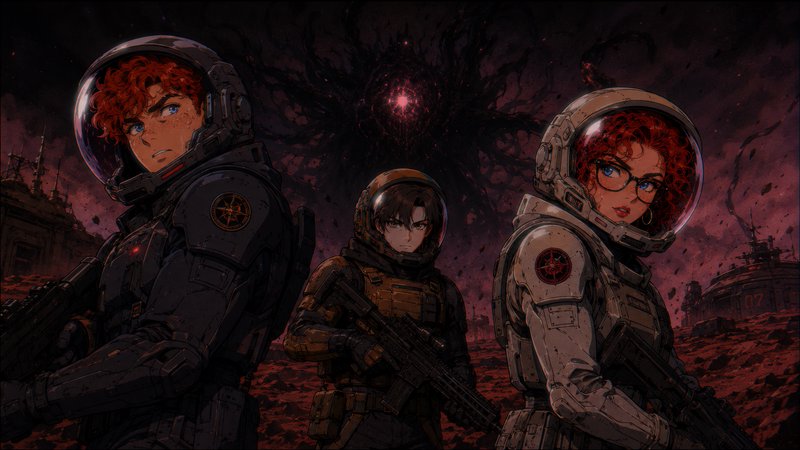 "Anime-style trio of armed space marines in space suits on a red alien planet, facing a looming c...