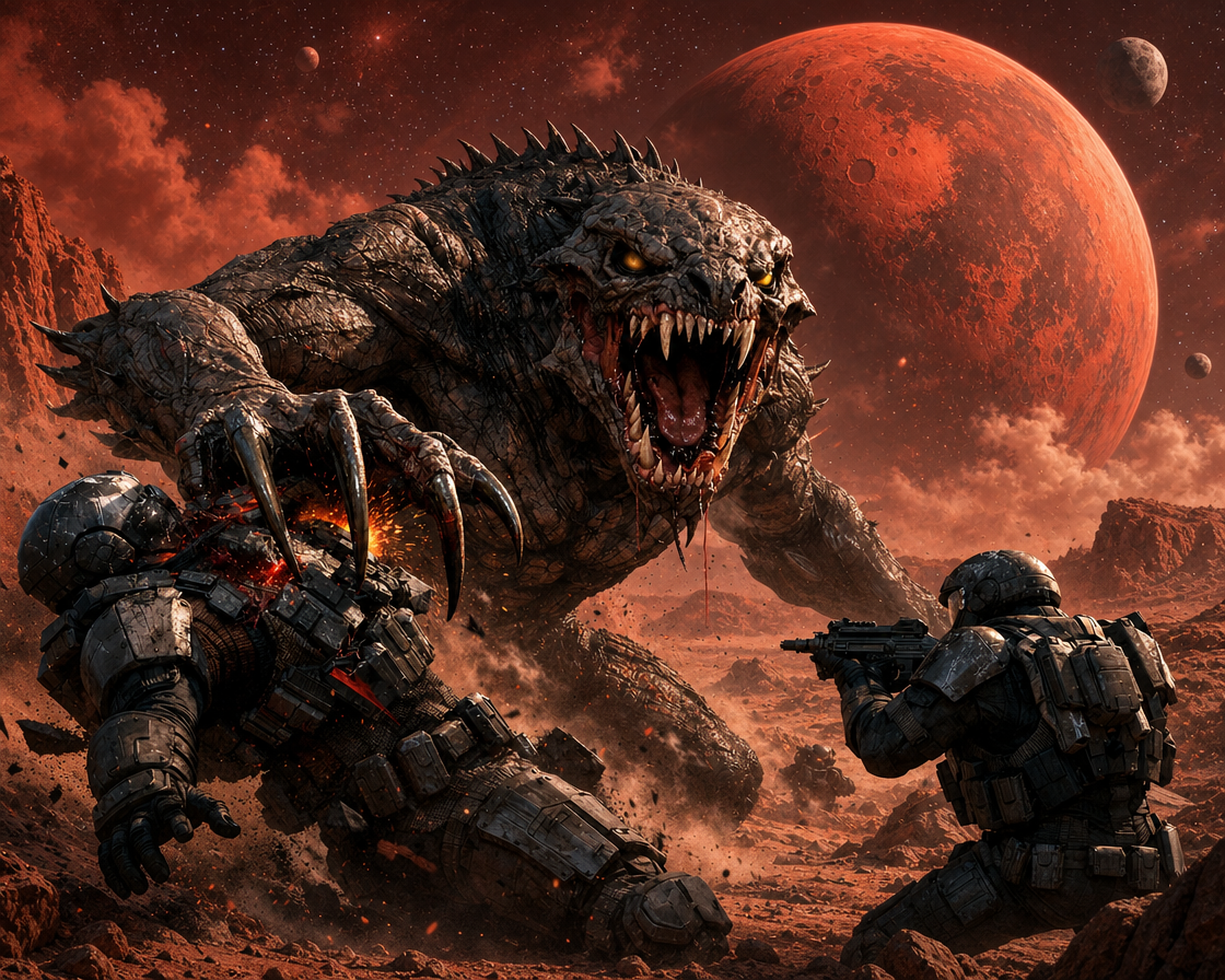 Giant predatory alien monster attacks armored space marines on a rocky red alien planet, with a large cratered red planet ...
