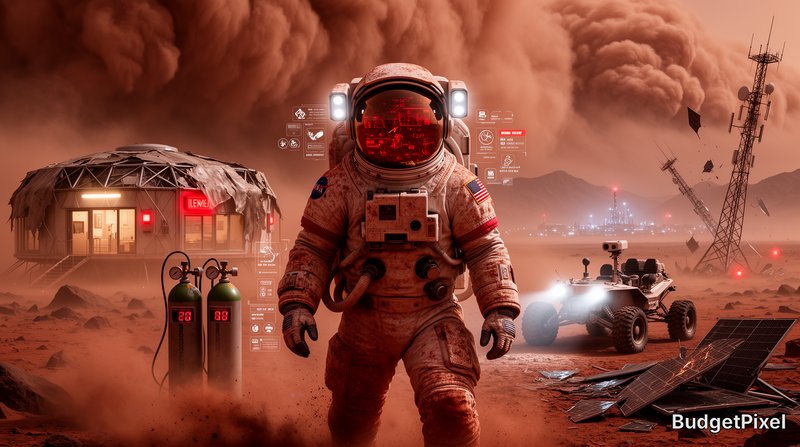 "NASA astronaut walks through a massive Martian dust storm, with a damaged habitat, rover, and co...