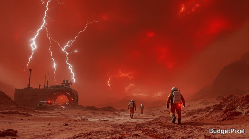 Three astronauts in orange spacesuits trek across a red rocky alien planet, heading to an outpost...