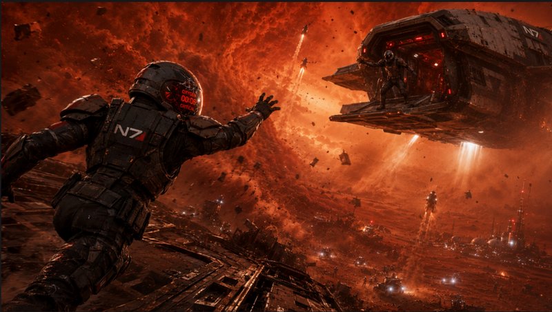 Mass Effect N7 astronaut drifts over a ruined fiery alien planet, reaching for a rescue dropship ...