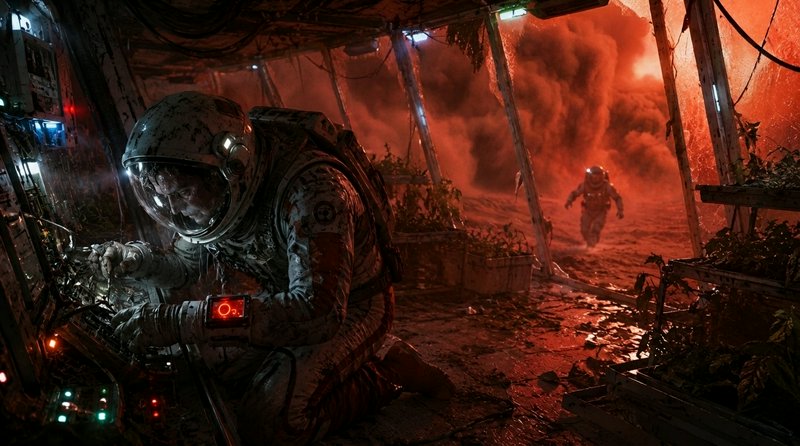 An astronaut in a dirty spacesuit repairs equipment in a damaged offworld outpost, as another run...