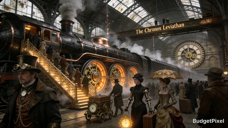 Steampunk Victorian train station with the Chronos Leviathan steam locomotive, gear-clad traveler...