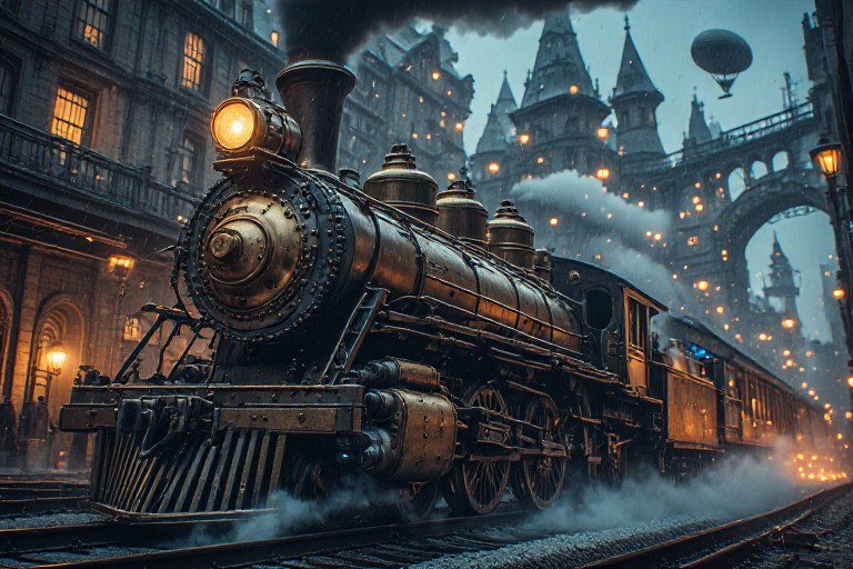 Brass steampunk steam locomotive idles on tracks in a rainy gothic Victorian city, with a blimp f...