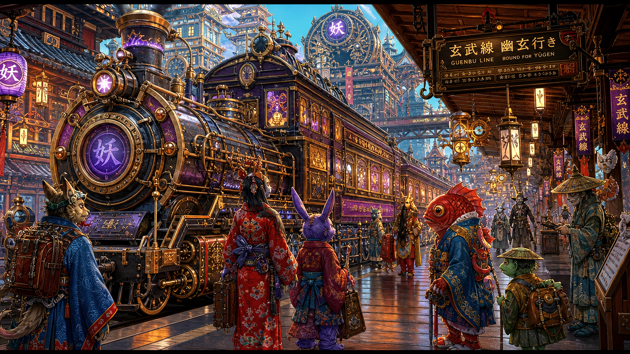 Ornate steampunk Japanese fantasy train station with anthropomorphic youkai mythical creatures waiting beside a purple and...