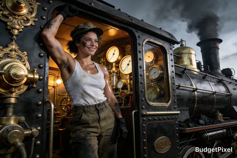 Smiling grime-covered female train engineer leans out of the cab of an ornate vintage black and b...