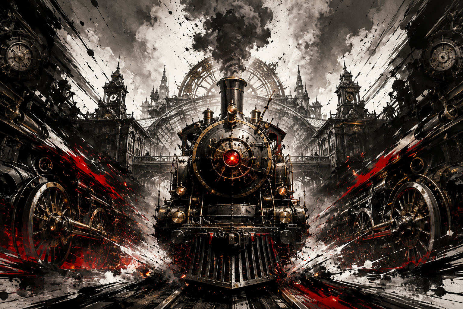 Dramatic steampunk steam locomotive speeding through a grand Victorian train station, dark ink-splatter fantasy art with b...