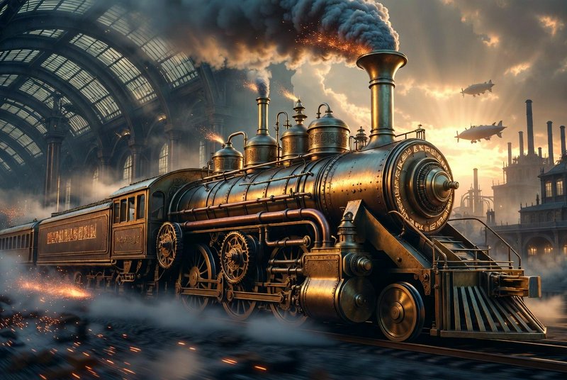 Ornate steampunk brass steam locomotive in a grand glass train station, with airships and an indu...