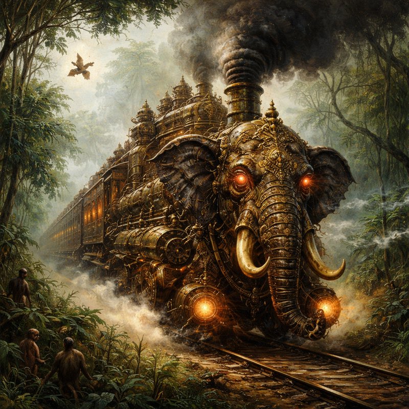 Mechanical steampunk elephant-headed train with glowing eyes travels through a lush jungle, obser...
