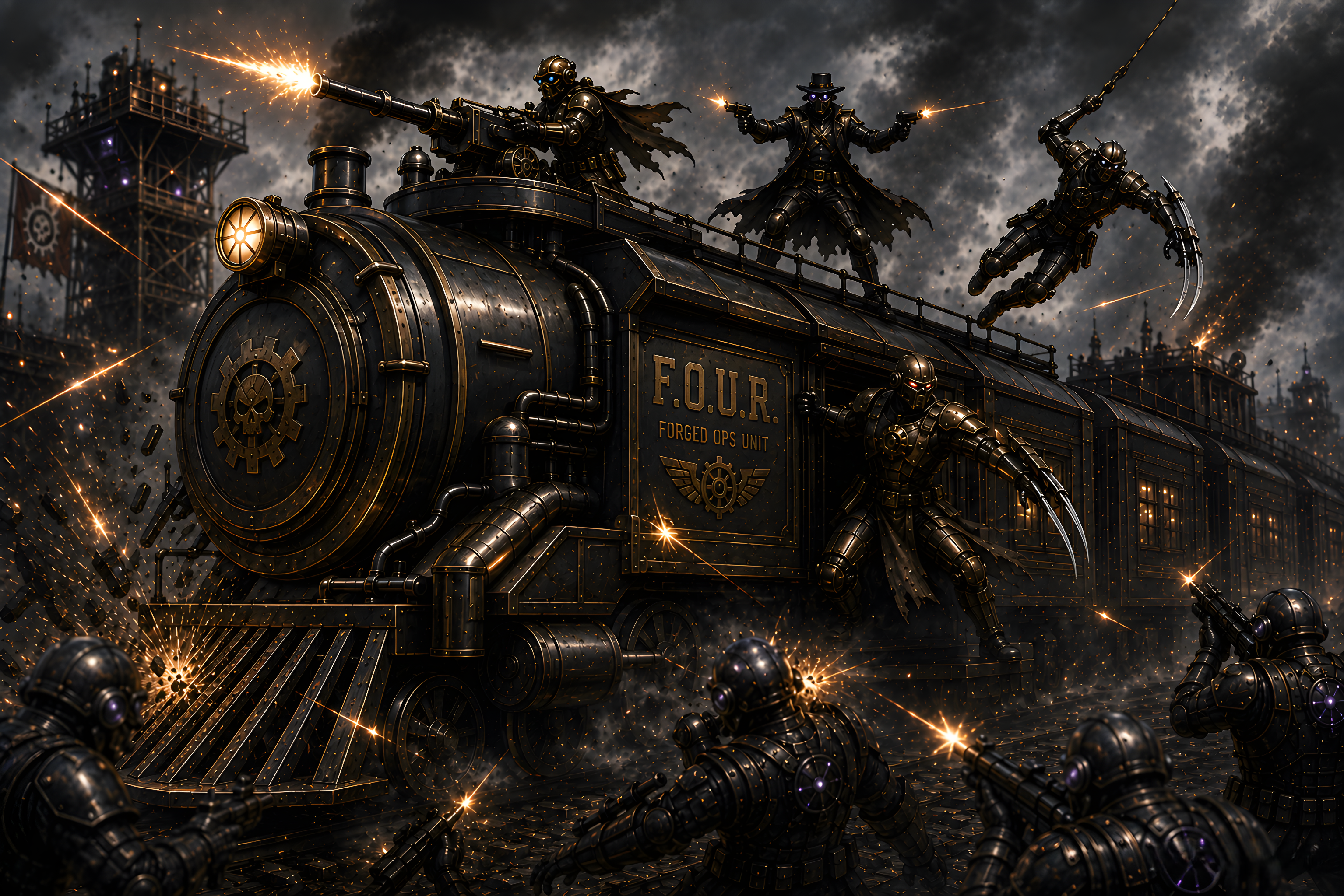 Action-packed steampunk battle scene where armored warriors defend a brass-trimmed steam locomotive from attacking forces ...