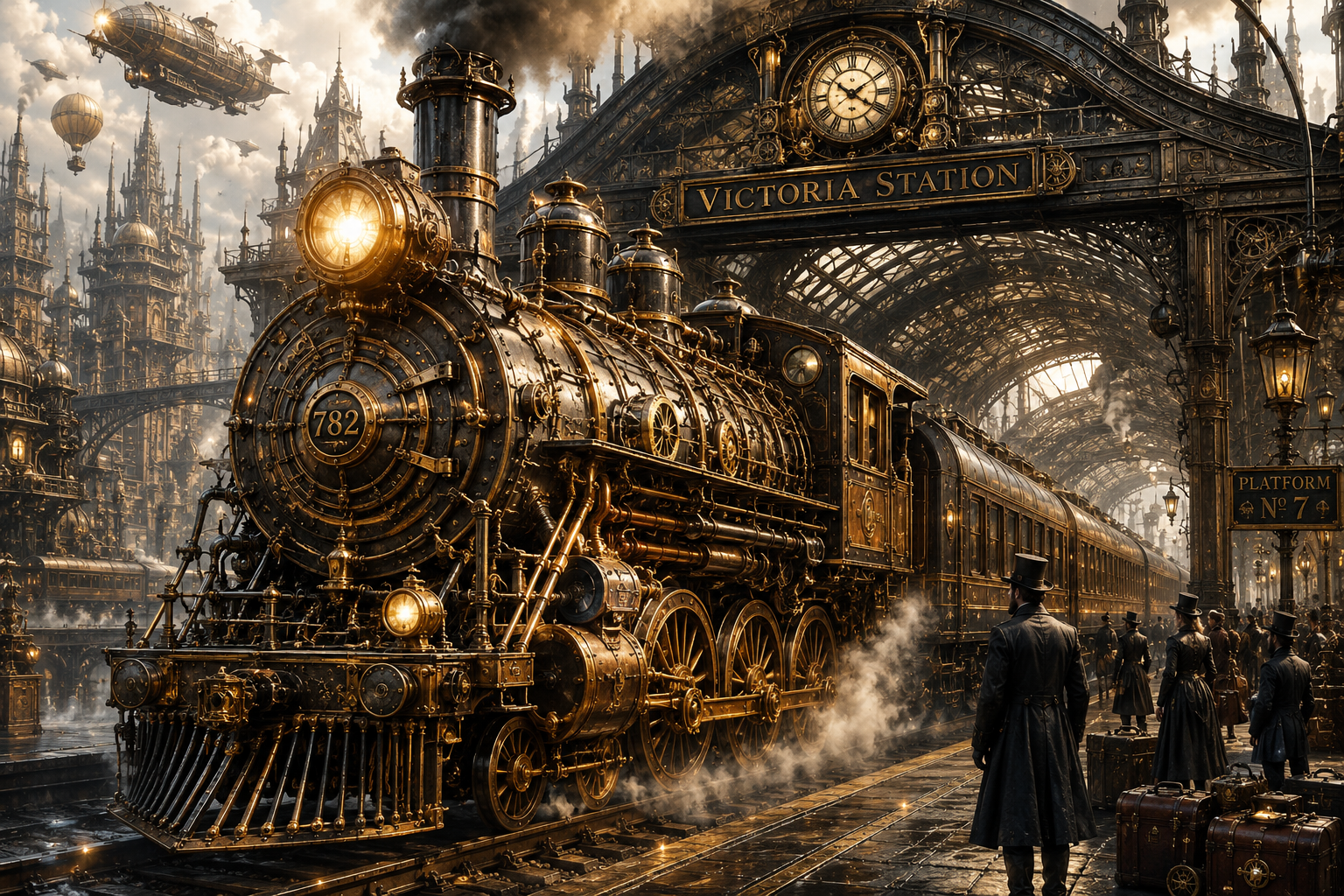 Ornate steampunk steam locomotive #782 at Victoria Station, with Victorian travelers, airships, and brass industrial gothi...
