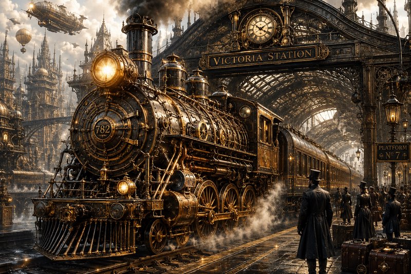 Ornate steampunk steam locomotive #782 at Victoria Station, with Victorian travelers, airships, a...