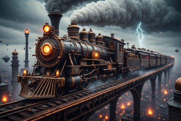 Steampunk vintage steam locomotive crosses an elevated railway viaduct over a foggy