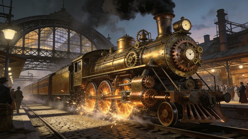 Steampunk brass steam locomotive adorned with clockwork gears and clocks, stopped at a vintage Vi...
