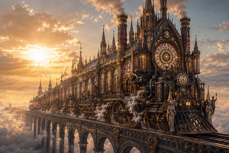 Gothic cathedral-style steampunk train travels on a stone viaduct above clouds under a glowing go...