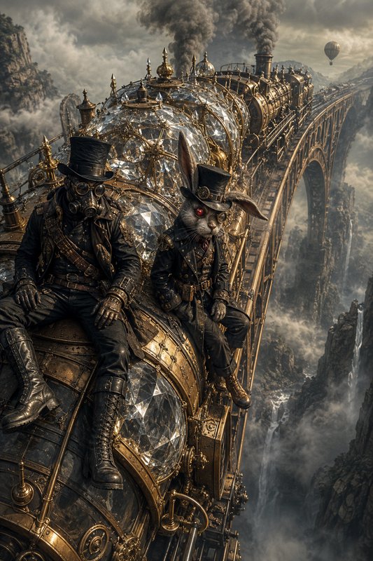 Steampunk masked human and anthropomorphic rabbit sit atop an ornate brass steam train crossing a...