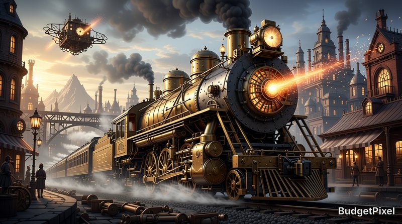 Steampunk brass steam locomotive idles at a Victorian train station, with a clockwork flying airs...