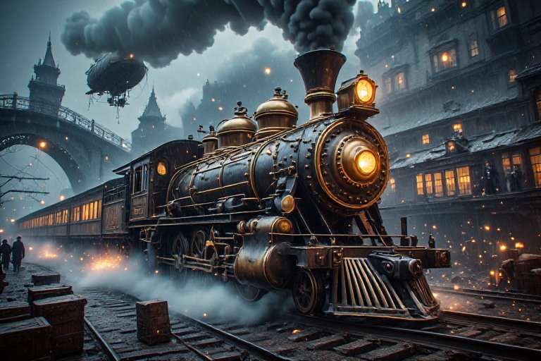 Brass-accented steampunk steam locomotive idling in a foggy rainy
