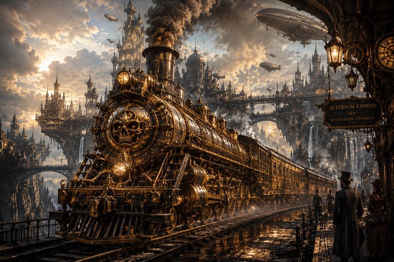 Ornate steampunk Aeternum Express steam train with a skull front, stopped at a floating Gothic ci...