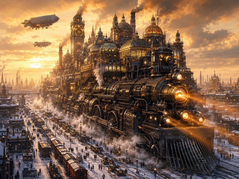 Steampunk fantasy cityscape at sunset: giant brass steam locomotive in a snowy station, airships ...