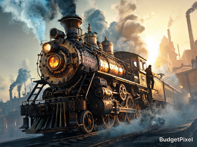 Steampunk vintage steam locomotive moving through a smoky industrial cityscape at sunrise, with a...