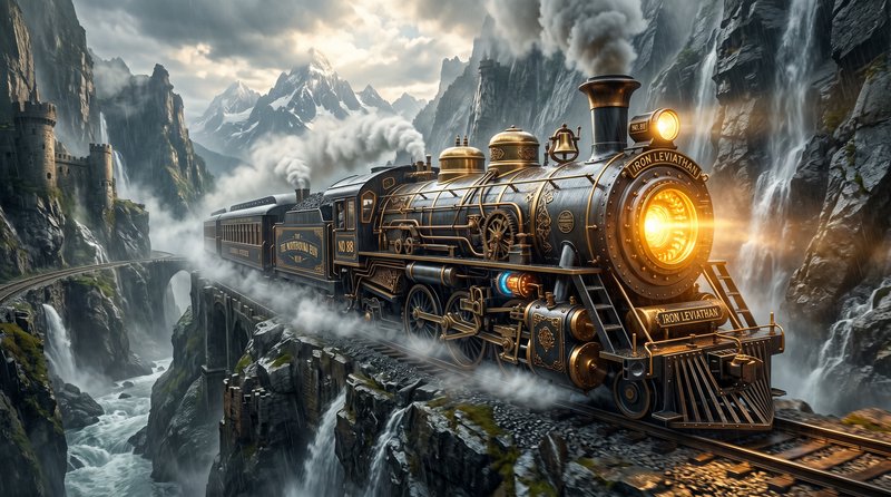 Steampunk steam locomotive 'Iron Leviathan' crosses a mountain railway viaduct, flanked by waterf...