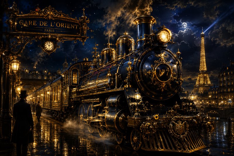 Ornate black and gold steam locomotive at Paris' Gare de l'Orient at night, with the lit Eiffel T...