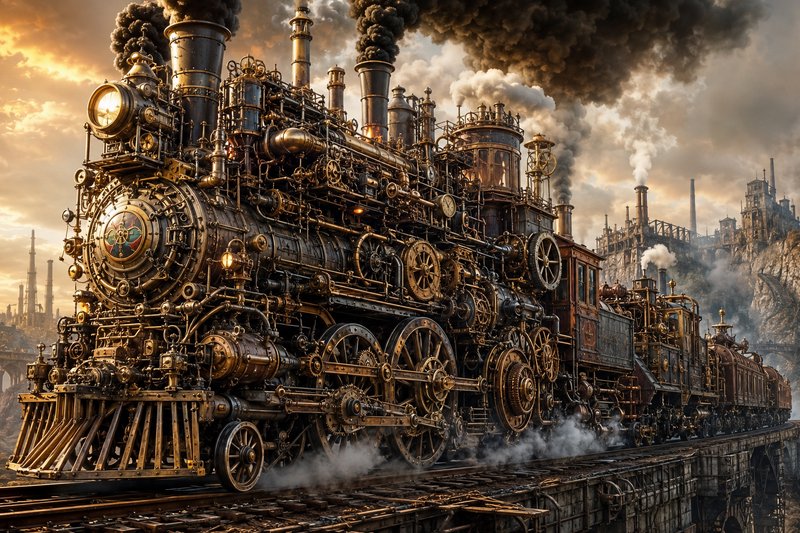 Ornate steampunk steam locomotive with brass gears and smokestacks crosses a railway bridge befor...