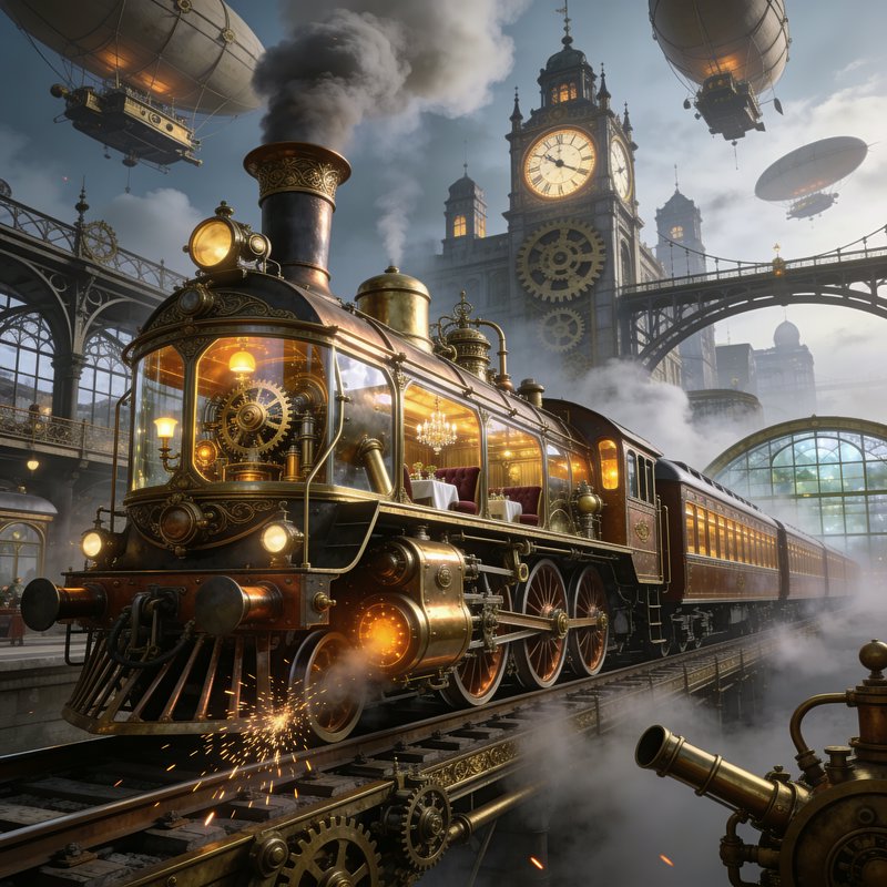 Ornate steampunk steam locomotive in a Victorian clockwork city, with floating airships and detai...