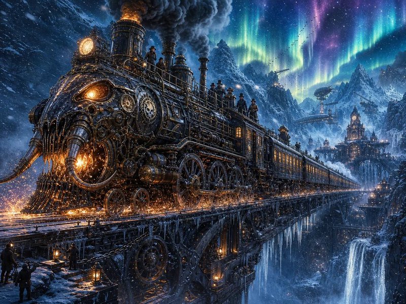 Steampunk woolly mammoth-faced steam train crosses an icy mountain railway bridge under a glowing...