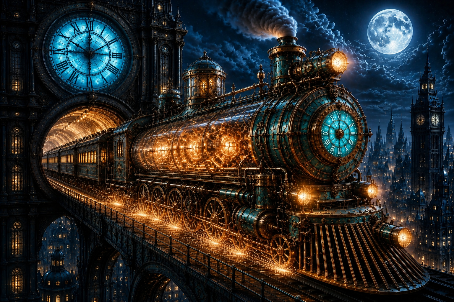 Ornate steampunk clockwork steam train exits a Gothic clock tower, crossing elevated tracks over a fantasy Victorian city ...