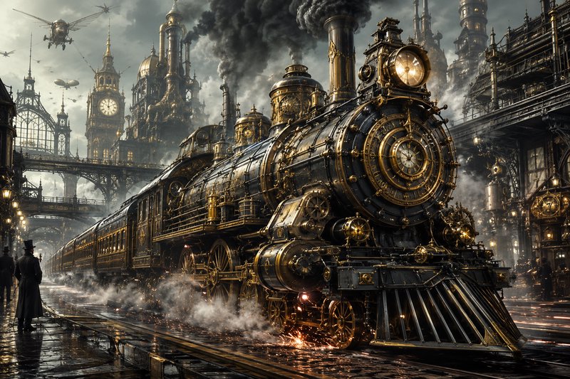 Ornate black-and-brass steampunk steam locomotive idles in a Victorian industrial city, with cloc...