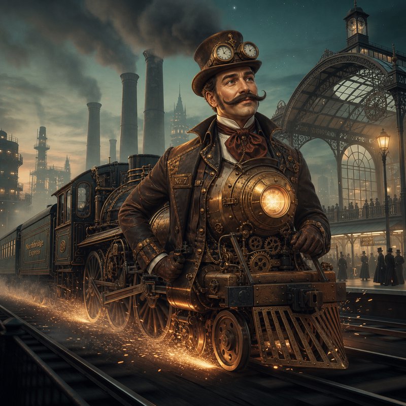 Surreal steampunk man-steam locomotive hybrid traveling along tracks at a Victorian train station...