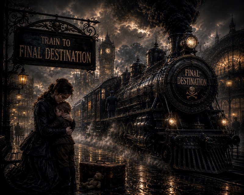 Dark gothic Victorian London train station: mother hugs child beside the 'Final Destination' stea...