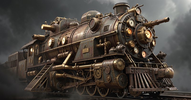 Steampunk-style weathered steel and brass steam locomotive with glowing analog gauges, set agains...